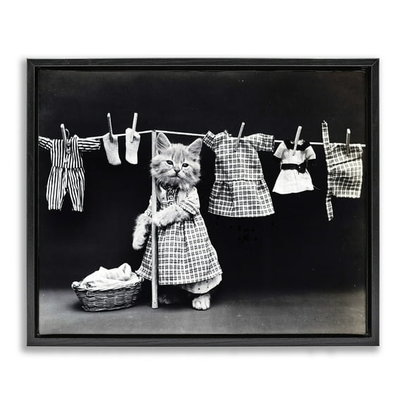 Stupell Industries Kitten Does The Laundry Jet Black Framed Floating Canvas Wall Art, 16x20, by Daphne Polselli
