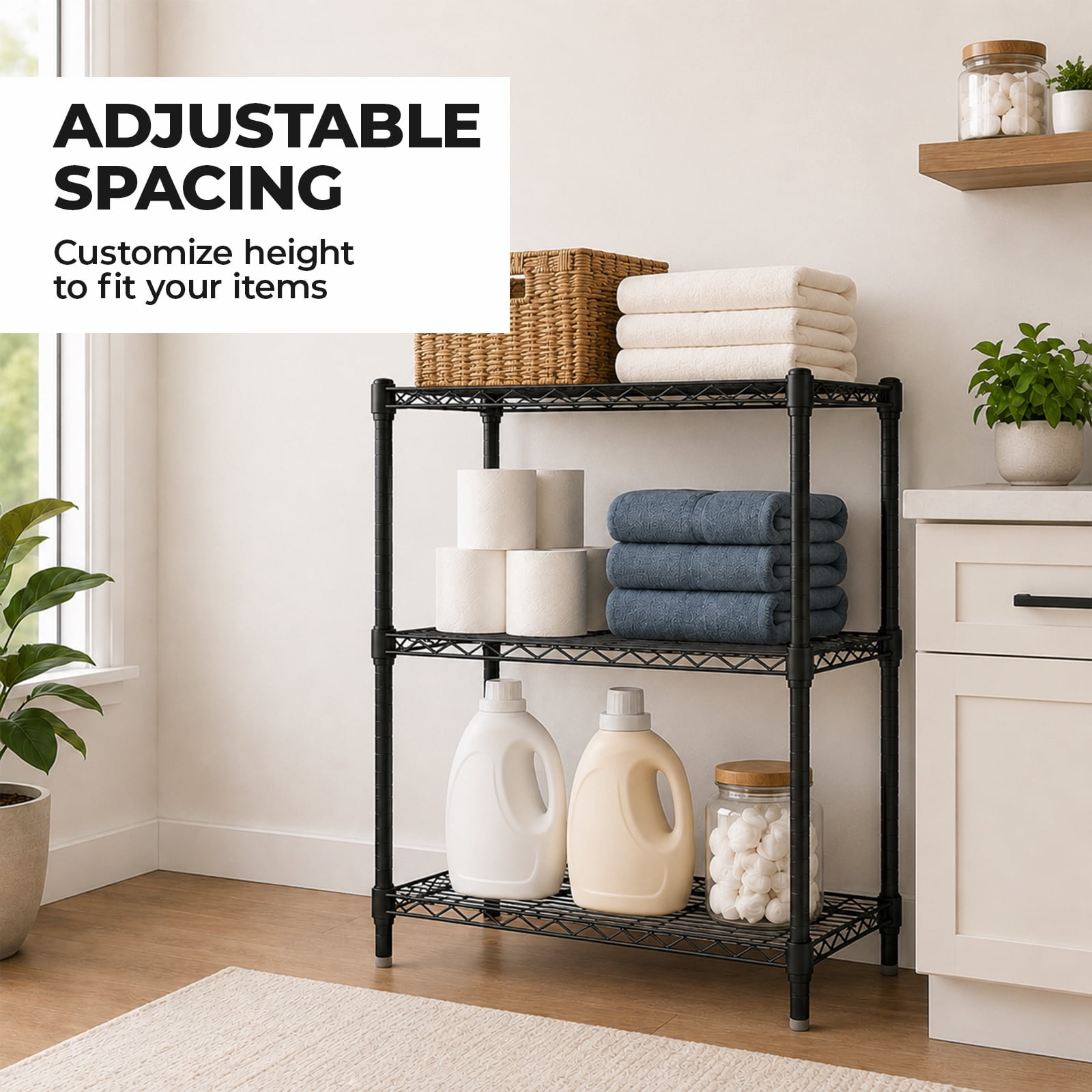 Alvantor 3/4/5-Tier Black Wire Rack 31in/48in/60in Heavy Duty Storage Shelving Adjustable Shelf Unit, Stable Steel Shelving, 200 lbs Capacity Per Shelf