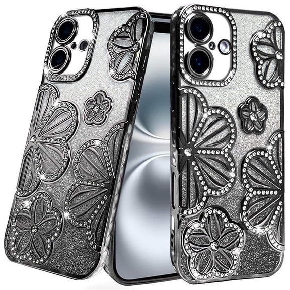 For iPhone 16 6.1inch Case Bling Floral 3D Glitter Phone Cover Tempered Glass