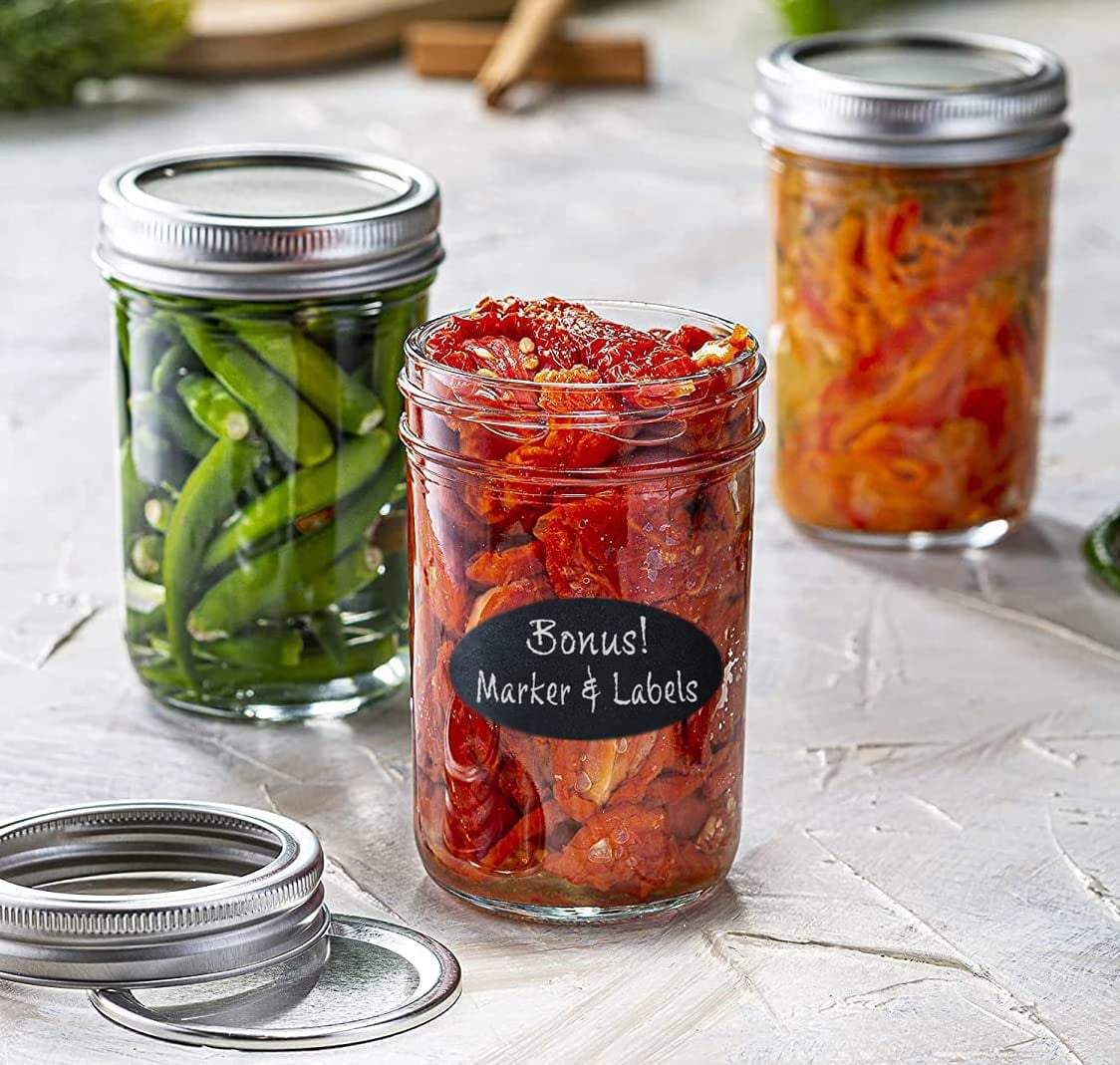 8oz Glass Mason Jars with lids Set of 12- wide mouth - Airtight Band + Marker & Labels - Canning Jars with Lids, Ideal for candle jars, Spice Jars, ...