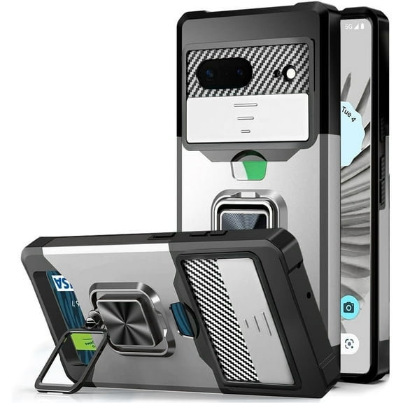 Military Grade All-In-One Ring Stand Card Case for Google Pixel 8 - Silver