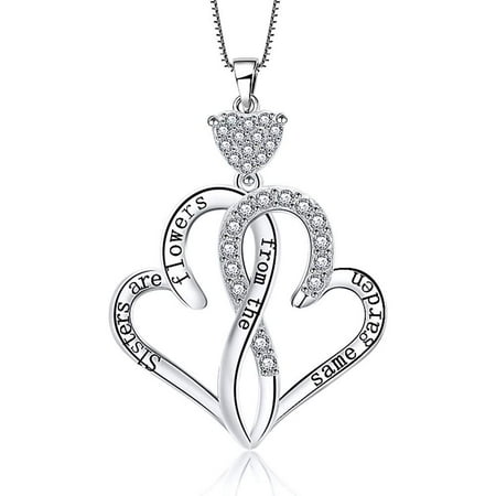 Engraved Sisters Heart Sterling Silver CZ Chain Pendant Necklace Women