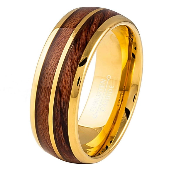 Jewelry Avalanche Dome Gold Tungsten Wedding Band with Koa Wood Inlay, Mens Engagement Ring 8MM