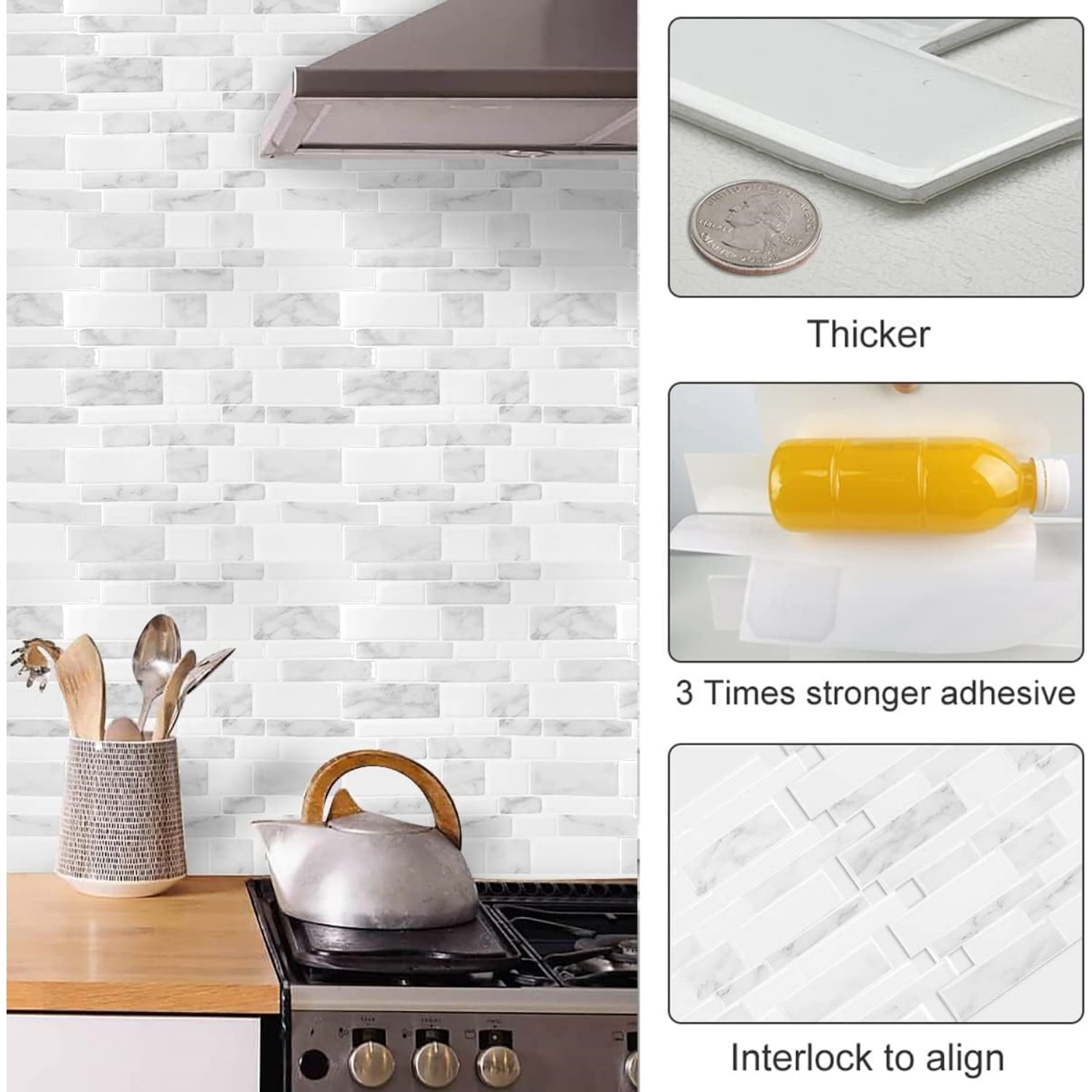 Marble Peel and Stick Backsplash for Kitchen, Thicker Design Self Adhesive Wall Tiles Stick on Backsplash, Marble Look Decorative Tiles (10 Tiles, 12”× 12”)