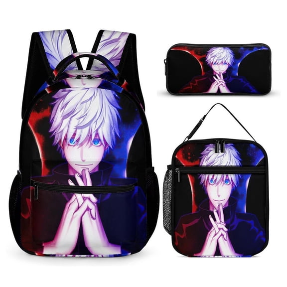 Jujutsu Backpack Gojo 17 Inch 3 Piece Set with Insulated Lunch Bag and Pencil Case, Bookbag Laptop Backpack Cartoon Durable Lightweight Casual Backpack