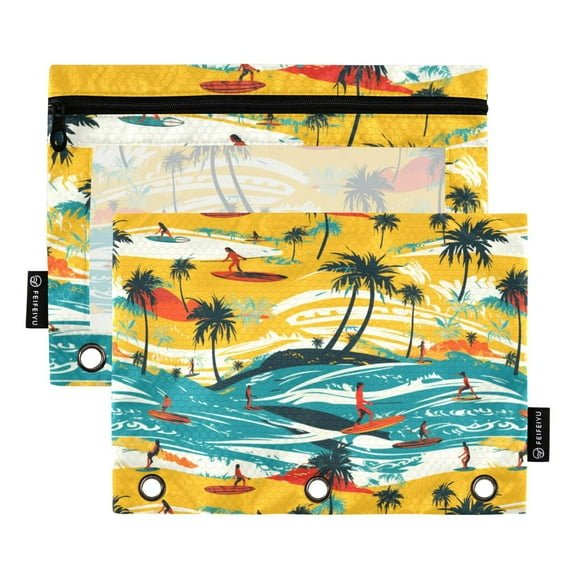 Summer Beach Palm Tree 2 Pack Pencil Pouch for 3 Ring Binder Smooth Zipper Folders with Pockets Clear Window Pencil Case