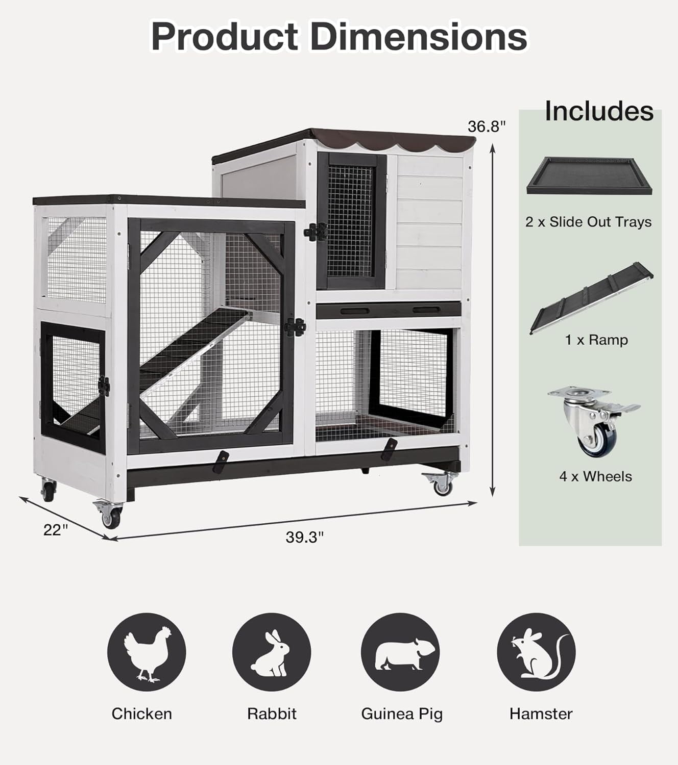 MEDEHOO Rabbit Hutch 2-Story Wooden Bunny Cage with 2 Leak-Proof Trays, Chew-Proof Metal Mesh Indoor & Outdoor Guinea Pig House with Wheels - Black
