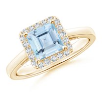 ANGARA Natural Classic Square Aquamarine Halo Ring in 14K Yellow Gold for Women (Size-6mm) | March Birthstone, Birthday, Anniversary, Jewelry Gift for Women | Natural Aquamarine Ring