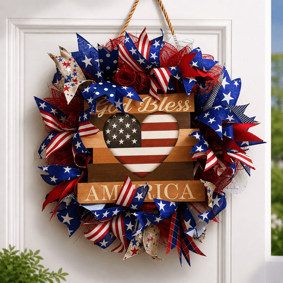 4th of July Patriotic Wreath, God Bless America American Flag Heart Door Hanging Decoration for Front Door Wall Porch Decor