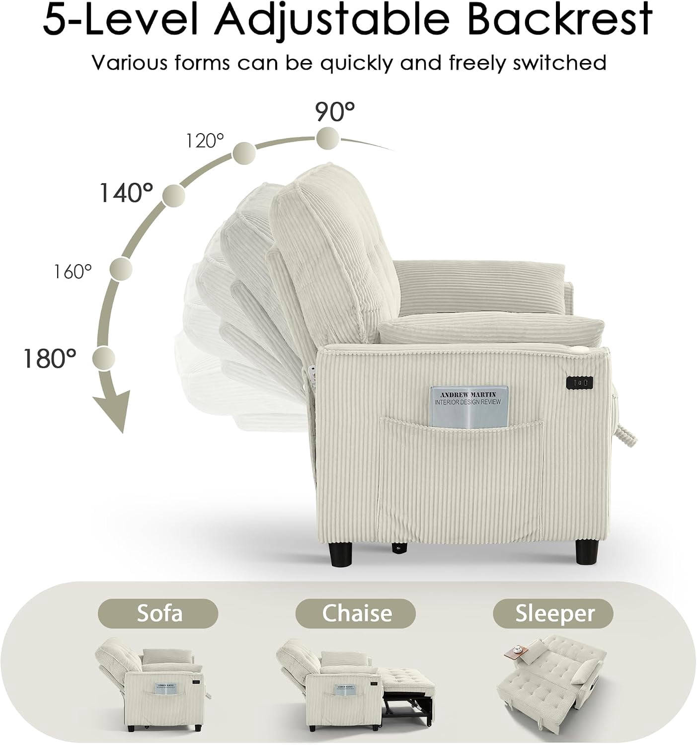 55" Sleeper Sofa Bed, Convertible Pull Out Couch with Side Stand, USB Ports, Side Pockets, Corduroy Fabric, Adjustable Backrest, Beige