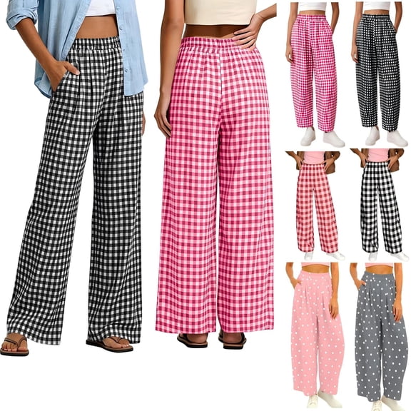 Tqcoqu Womens Printed Pants,Wide Leg Elastic Waist Casual Pants with Pockets,A-Black Women's S-XXL