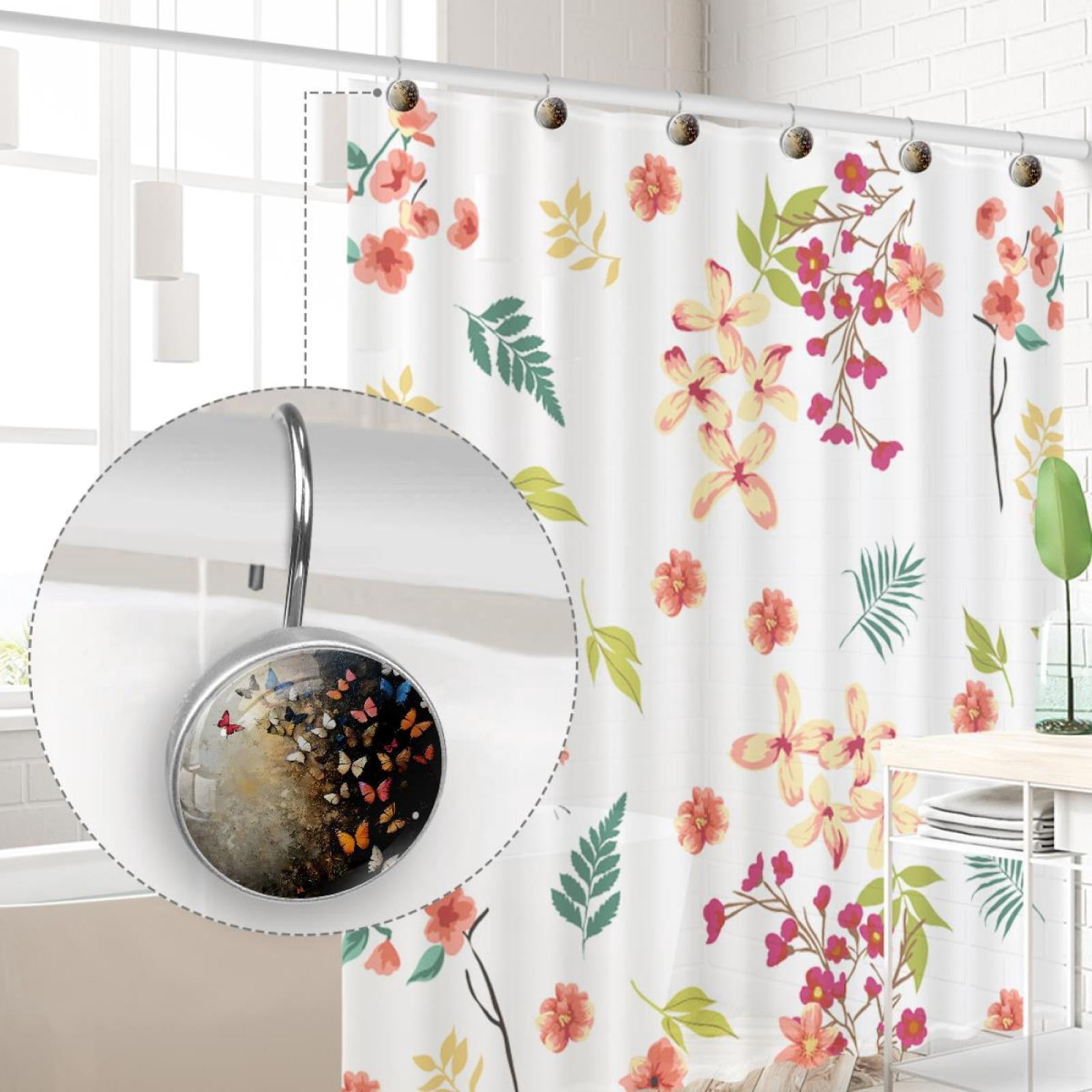 Butterfly on White Dark Shower Curtain Hooks Round Crystal Glass, Set of 12 Shower Curtain Rings - Shower Hooks for Curtain Shower Rings