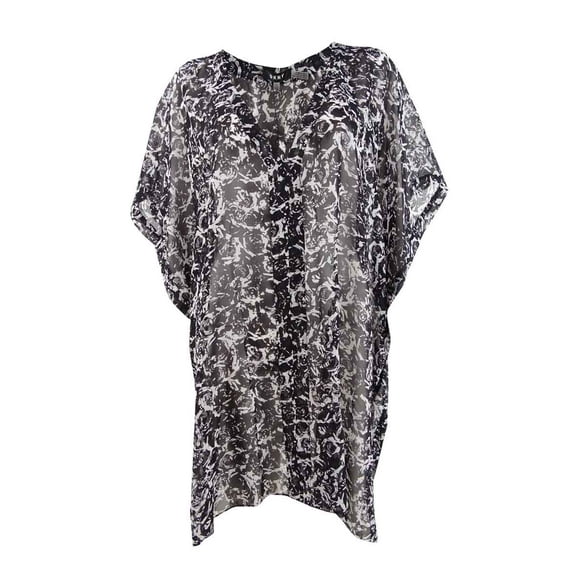 DKNY Women's Printed Chiffon Caftan Swim Top Cover-Up (S/M, Black/White)