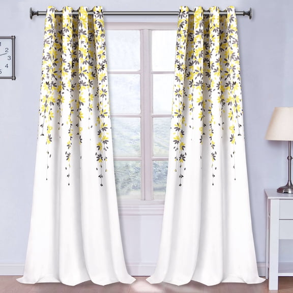 WETRBWEH Weeping Flower Light Filtering Window Curtain Panels, 52"x 84", Yellow Gray Modern Floral Curtains for Living Room, Dining Room, Bedroom