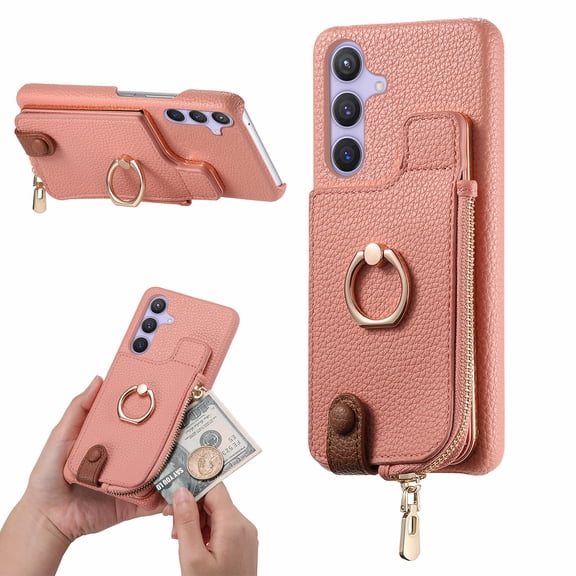 Case for Samsung Galaxy S24 FE Zipper Wallet Case, PU Leather Case with Card Holder, Ring Holder Stand, RFID Blocking Magnetic Car Mount Shockproof Protection Cover for Samsung Galaxy S24 FE - Pink