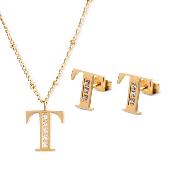 Juego Joyería Mujer, Collar Aretes Inicial Letras LuckyLy, Acero Inoxidable Baño de Oro 18k dorado UNITALLA