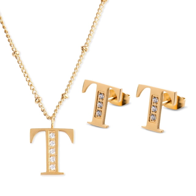 Juego Joyería Mujer, Collar Aretes Inicial Letras LuckyLy, Acero Inoxidable Baño de Oro 18k dorado UNITALLA