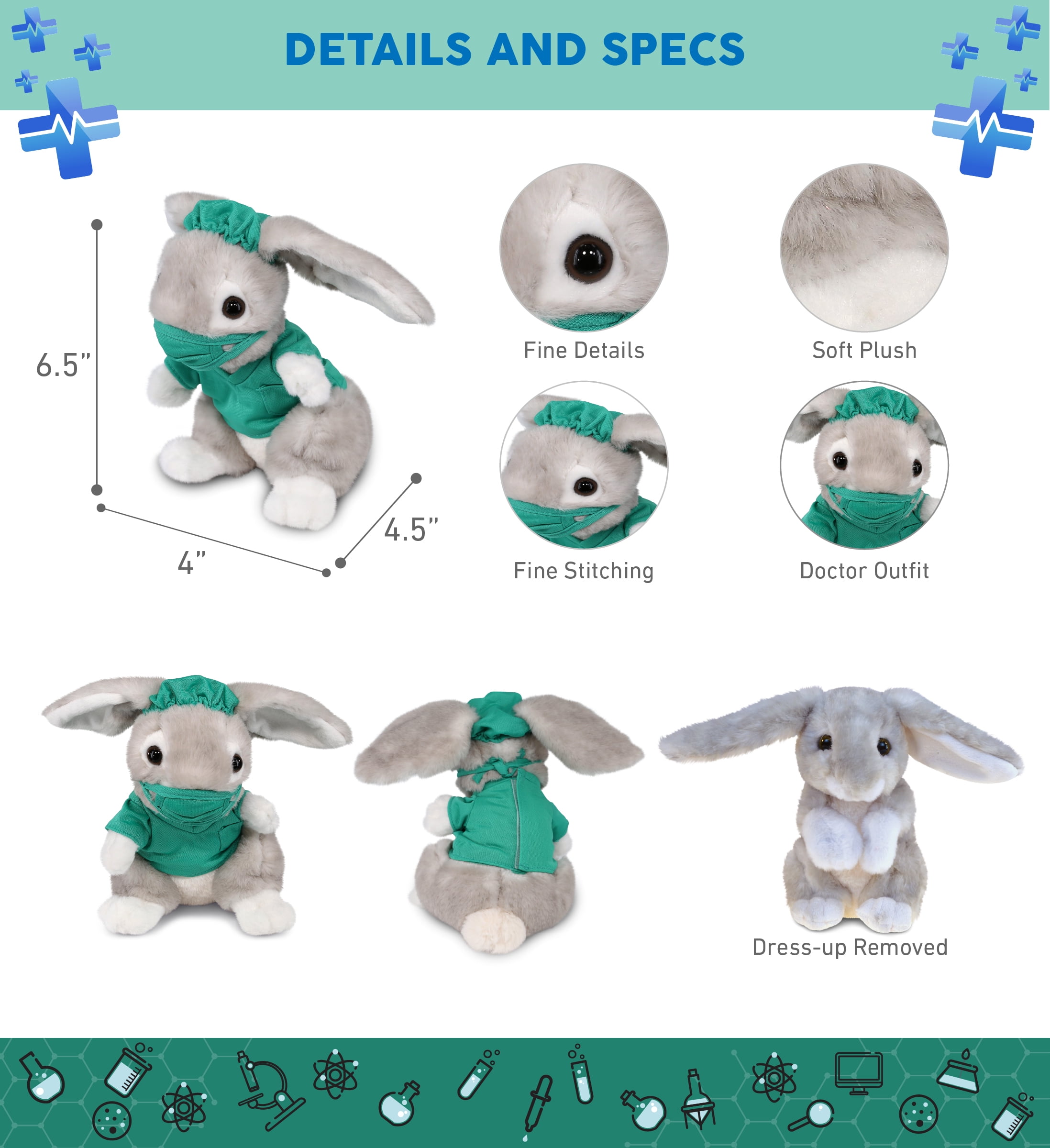 DolliBu Grey Rabbit Doctor Plush Toy - Super Soft Grey Rabbit Doctor Stuffed Animal Dress Up with Cute Scrub Uniform and Cap Outfit - Fluffy Doctor Toy Plush Gift - 6.5 Inches