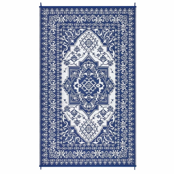 EastVita 9 x 18 Pi (Taille Réelle) Plastique Bleu Foncé Blanc Rectangulaire Plage avant Vérandas Patio Pique-Nique VR Camping Garage Fleur Tapis Persan pour Aire