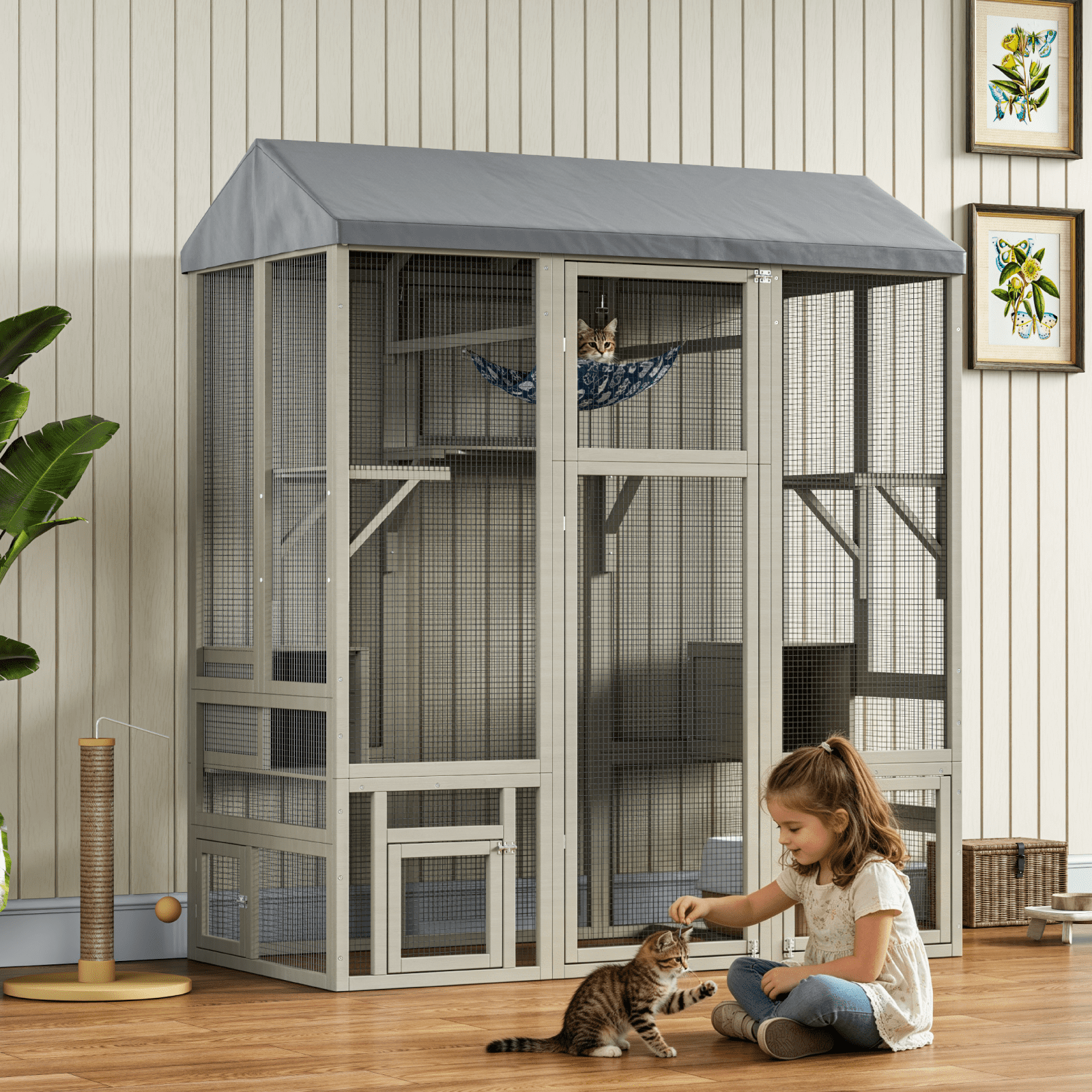 TIMHAKA 71'' Catio Outdoor Cat Enclosure, Large Cat Catio with Window Access, Hammock, 7 Platforms and 2 Resting Box, Gray