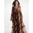 thumbnail image 2 of Multicolor Bohemian Chiffon Flowy Dress With Frill Trim, Loose Fit Deep V-Neck Long Sleeve, 2 of 8
