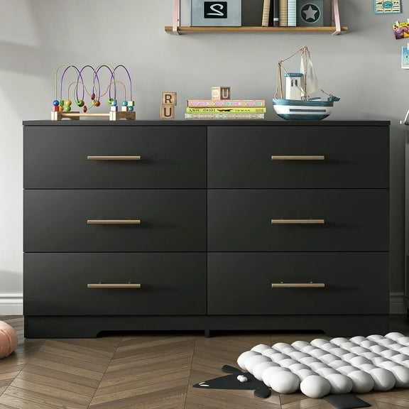 Spaco Vintage-Style 6 Drawer Double Dresser, Chest of Drawer Dressers Table, Black Storage Cabinet for Living Room, Bedroom, Black