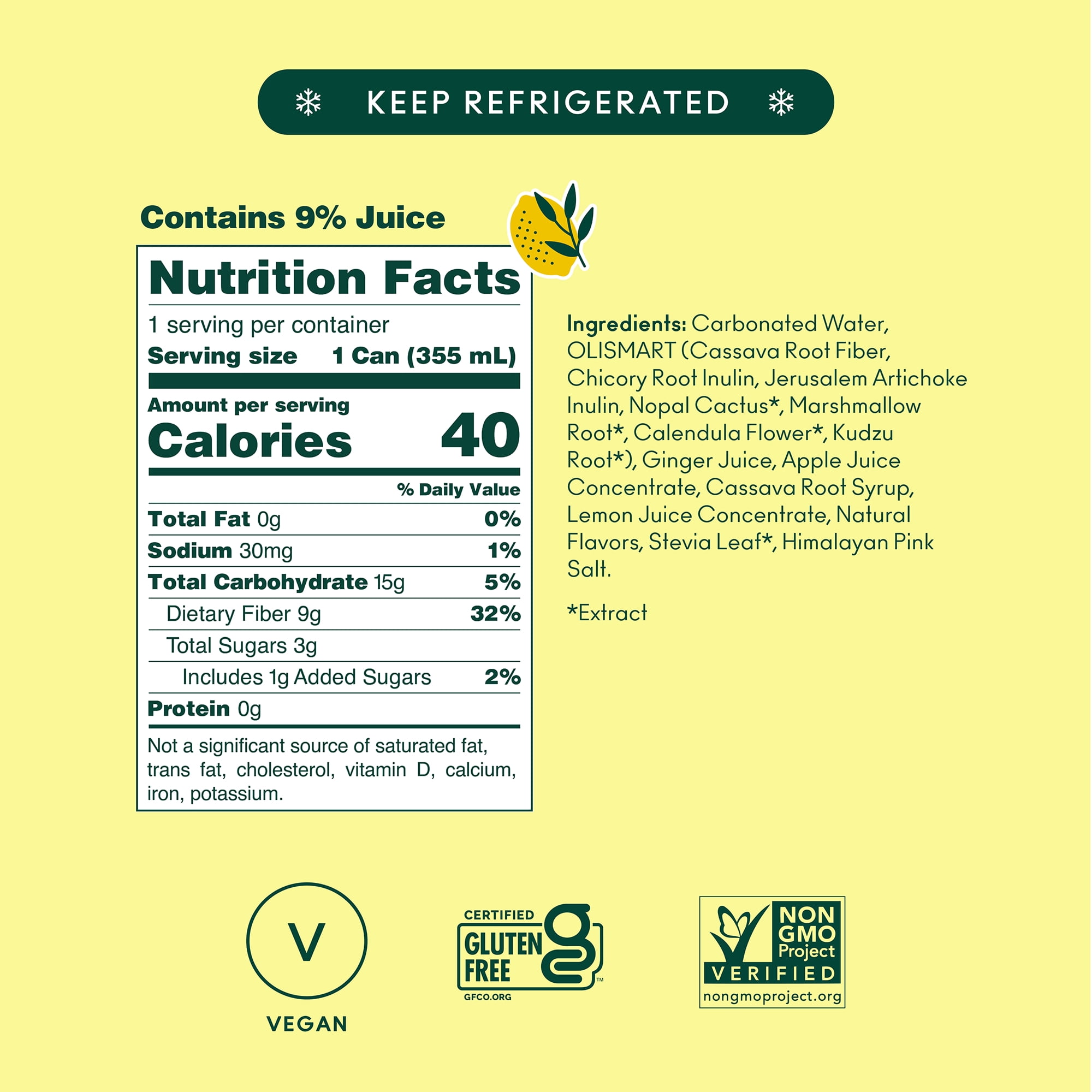 Olipop Prebiotic Soda Pop, Ginger Lemon, High Fiber, 12 fl oz 12 Pack