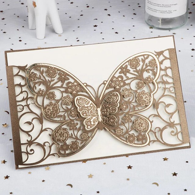 Tarjeta de invitación de boda cortada con láser de mariposa, tarjeta de felicitación de negocios en blanco, recuerdo de fiesta personalizado, decoración de boda impresa, 1 pieza