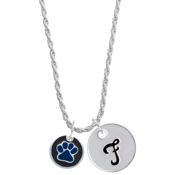 Delight Jewelry Silvertone Royal Blue Paw on Black Disc Silvertone Script Initial Disc - F - Charm Necklace, 20"+3"