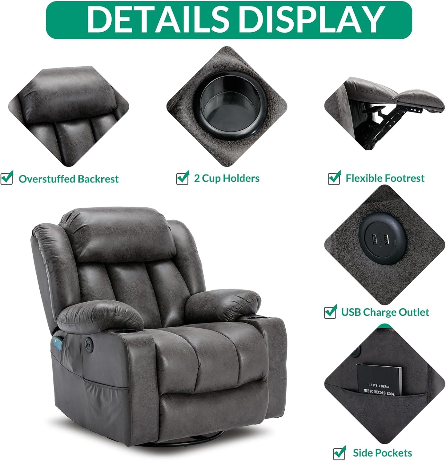 VIVIJASON Manual Swivel Rocking Glider Recliner Chair with Heat & Vibration Massage, 360° Swivel Overstuffed Reclining Chair with 2 Cup Holders, Side Pockets & USB Ports for Living Room, Gray