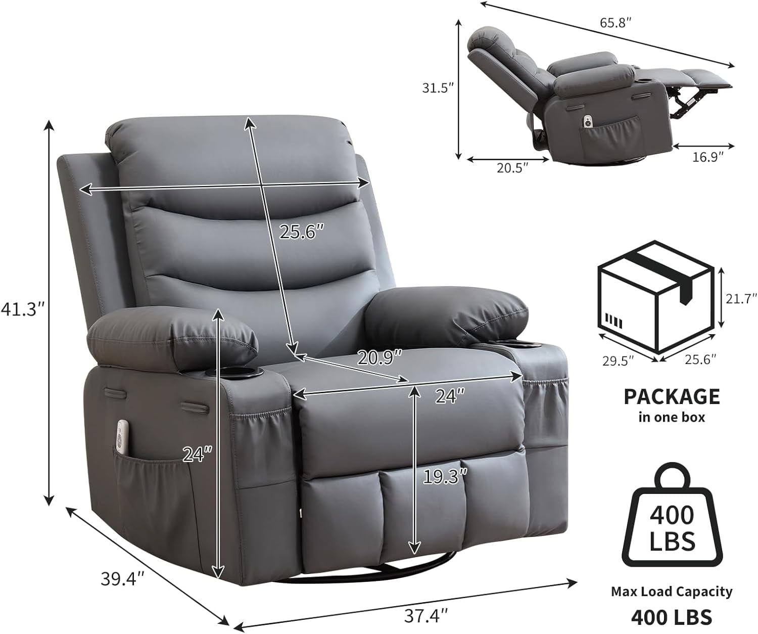 Recliner Chair Nursery, Oversized Manual Reclining Rocking Chair, Corduroy 360 Swivel Glider with Cup Holder, Massage and Heat Recliner, Small Sofa Chairs for Adults, Living Room,Bedroom, （Pu，gray）