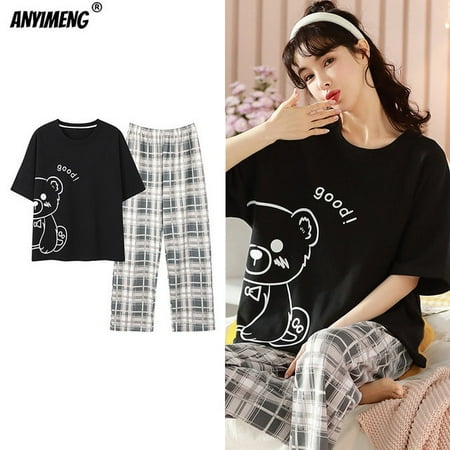 

New Sleepwear Cartoon Cotton Pajamas for Women Long Pants Short Sleeved Summer Spring Loungewear Fashion Home Clothing Homewear
