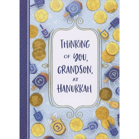 Designer Greetings Gold Foil Lined Die Cut Window, Dreidels, Coins and White Swirls on Blue Hanukkah Card for Grandson