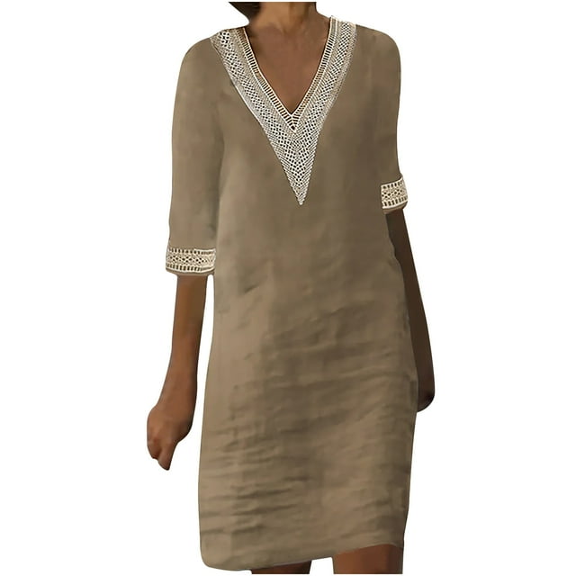 Cameland Robe d'Été Décontractée pour Femmes, Col en V, Couleur Unie, Manches Courtes