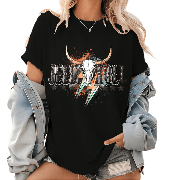 Western Desert Longhorn Print T Shirt Bull Skull Vintage Style Graphic Tees Cowgirl Rodeo Pattern Casual Tops for Daily Outfits Black,S