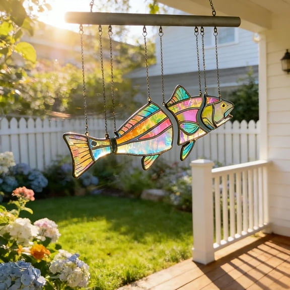 Handcrafted Stained Glass Red Drum Fish Suncatcher, Acrylic Layered Fish Hanging Decor for Window and Garden
