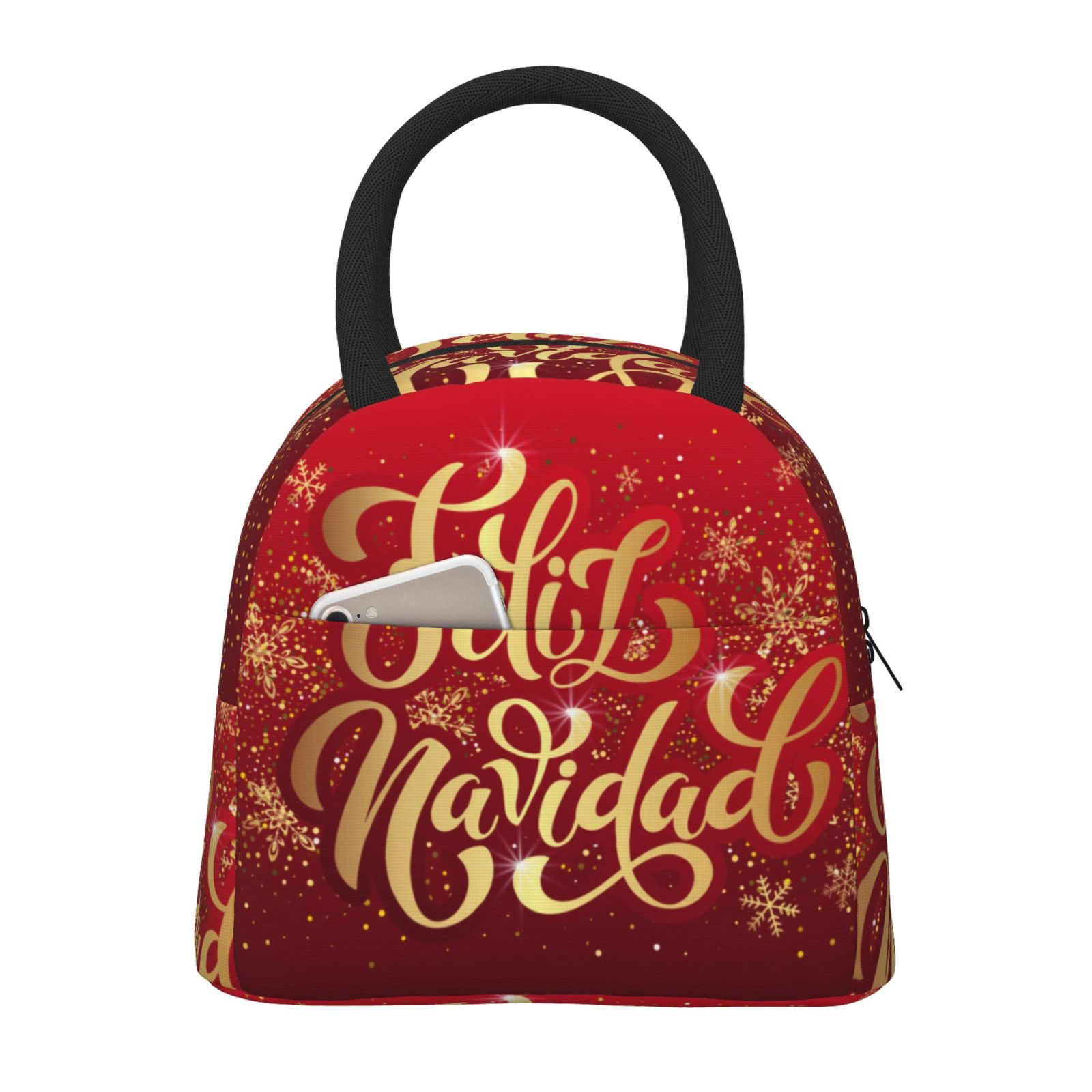 Horeoi Merry Christmas Pattern Large Insulated Lunch Bag for Work, School, Picnic - Waterproof, Durable Oxford Cloth, Comfortable Handle-Black