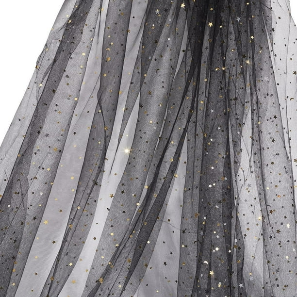 Tela de tul con diseño de estrellas y lunas, color negro, con encaje, malla brillante y lentejuelas doradas, 2 yardas x 160 cm