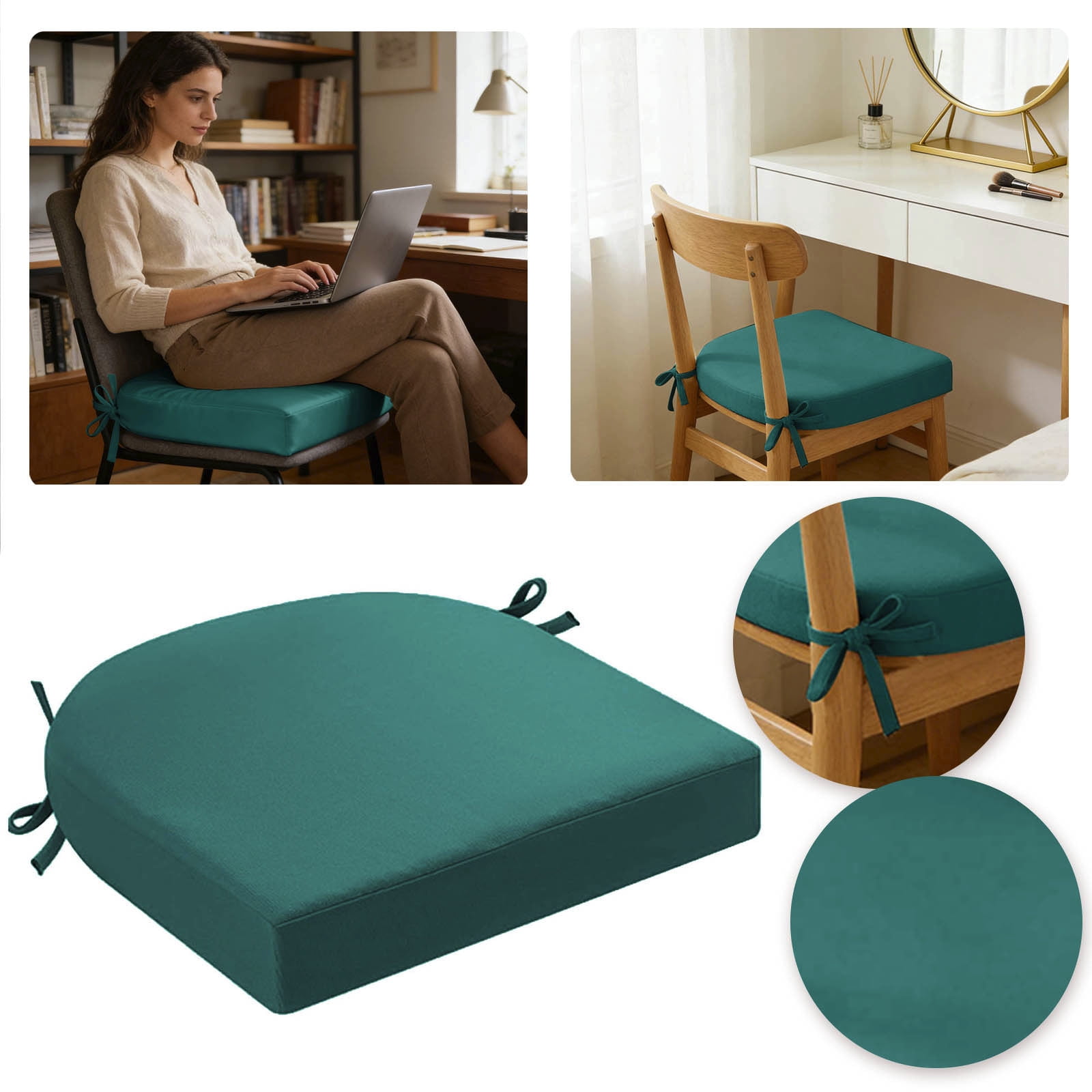 Indoor Outdoor Chair Cushion - 16.9 x 15.7 Inch Thick Seat Pad with Adjustable Ties for Dining Chairs, Patio Furniture, and Garden Chairs - Foam Comfort Seat Cushion for Home and Garden (Dark Green)