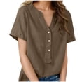 thumbnail image 3 of Sevevn Women's Linen Cotton Short Sleeve Henley Shirt Casual V-Neck Button Front Summer Blouse Coffee M, 3 of 9