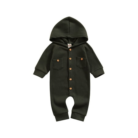 

FINELOOK Newborn Baby Girls Waffle Hooded Jumpsuit Long Sleeve Romper with Pockets Army Green 6-12 Months