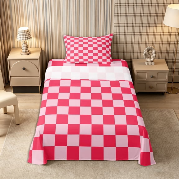 Homewish Classic Checkerboard Twin Sheets 3pcs for Girls, Geometric Gingham Bedding, Hot Pink,1 Fitted Sheet, 1 Flat Sheet and 1 Pillowcase