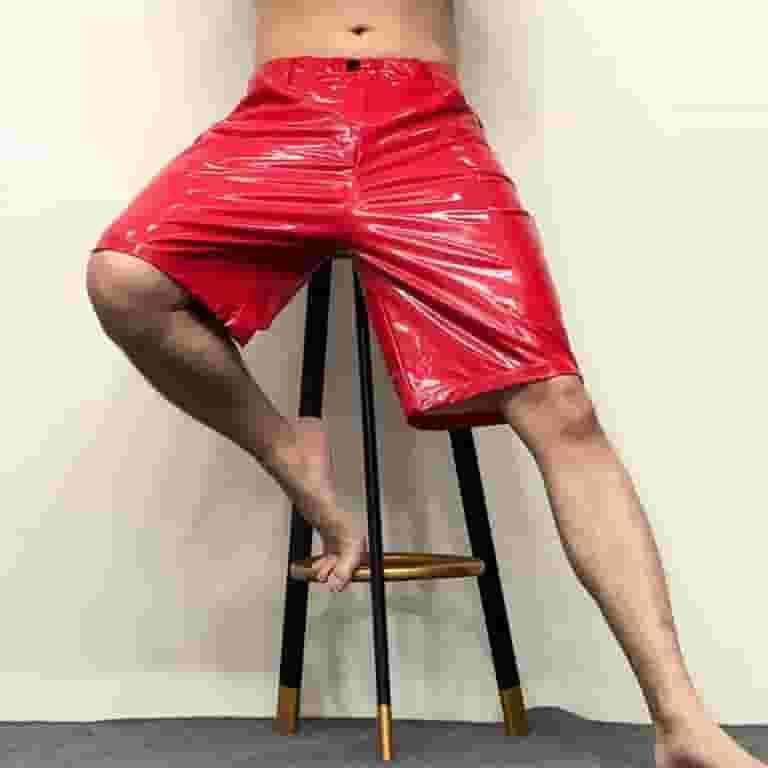 【SCENERITY】String Half Pants HAORUN Men Shiny Metallic Shorts Faux Leather Loose Fit
