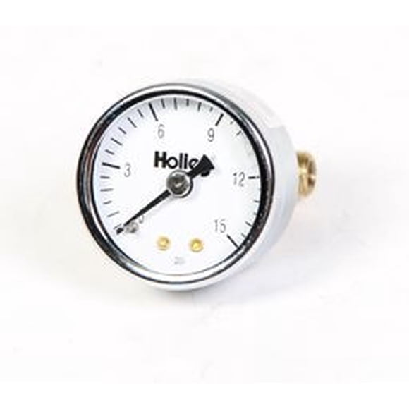 Holley Performance Gauge Fuel Pressure 26-500 1-1/2 Inch Diameter; Full Sweep Mechanical; 0-15 PSI; Analog Display; White Face; Chrome Bezel; Black Needle; With Elbow Fittings