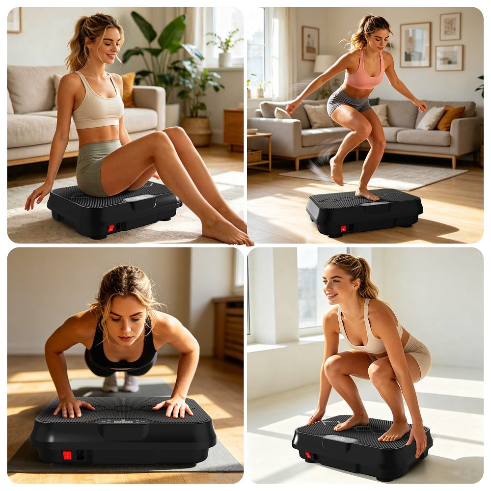 Black Vibration Plate Exercise Machine, Whole Body Workout Platform with Remote Control, Resistance Bands, Vibration Platform
