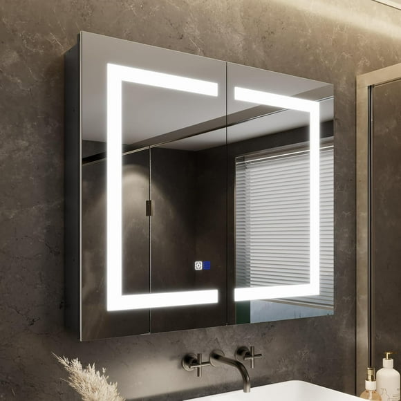 ComfyStyle 30 x 26 LED Lighted Bathroom Medicine Cabinet with Mirror, Recessed or Surface Mounted led Medicine Cabinet, Black Frame,Defog,Stepless Dimming,Adjustable Shelves,USB Port