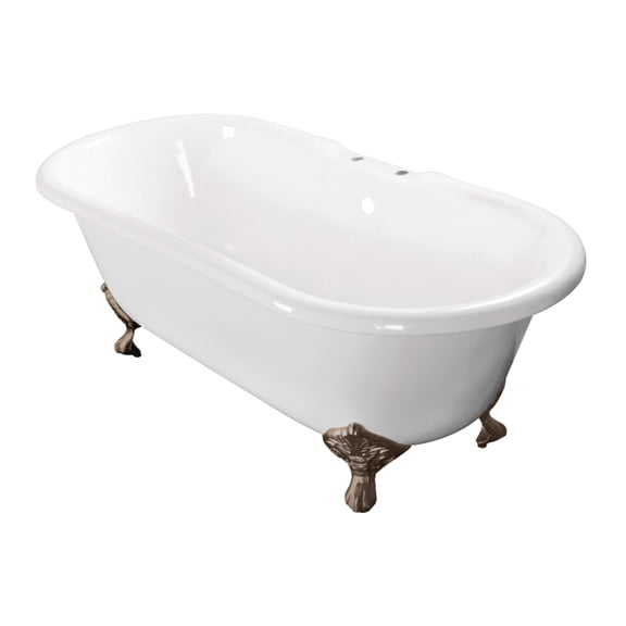 Aqua Eden VCT7D603017NB8 60-Inch Cast Iron Oval Double Ended Clawfoot Tub (7-Inch Faucet Drillings) in White/Brushed Nickel