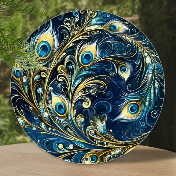 1pc Vintage Peacock Feathers Aluminum Wall Hanging Sign, 8x8 Inch, Rust-Free Metal Decor for Home, Garden, Indoor & Outdoor Use, Pre-Drilled for Easy Mounting, Ideal for Christmas, Easter