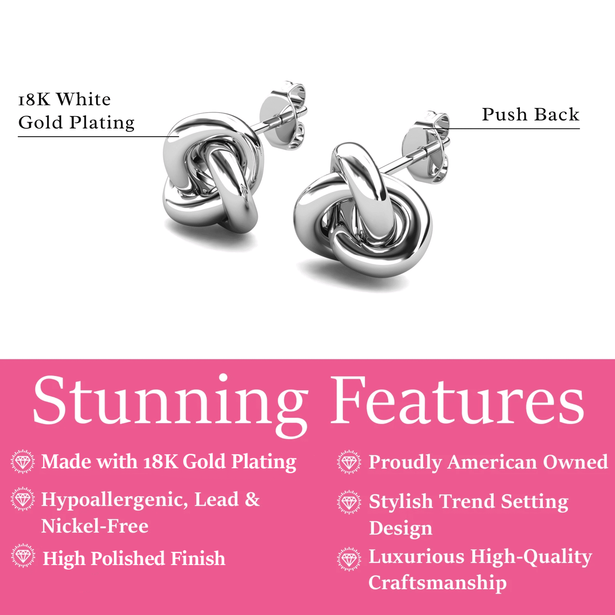 Cate & Chloe Ashley 18k White Gold Plated Knot Stud Earrings, Gift for Women