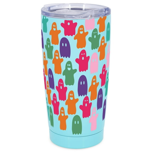 Elanze Designs Little Monsters Ghosts Halloween Wrap-Around Design 20 Ounce Stainless Steel On-The-Go Coffee Mug, Thermal Travel Tumbler with Leak Resistant Slide Lid, Sky Blue